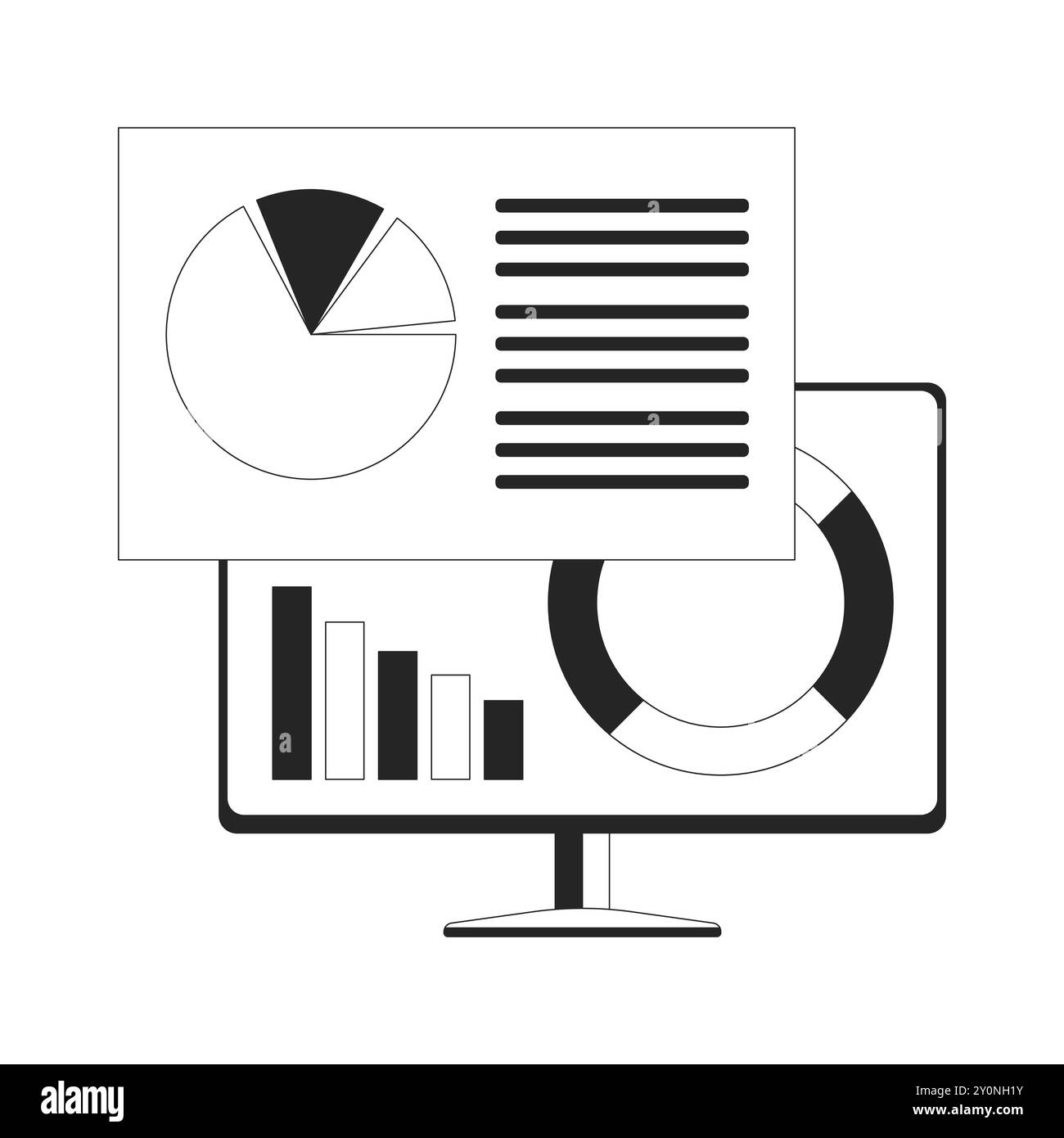 Ordinateur analysant des données objet ligne 2D noir et blanc Illustration de Vecteur