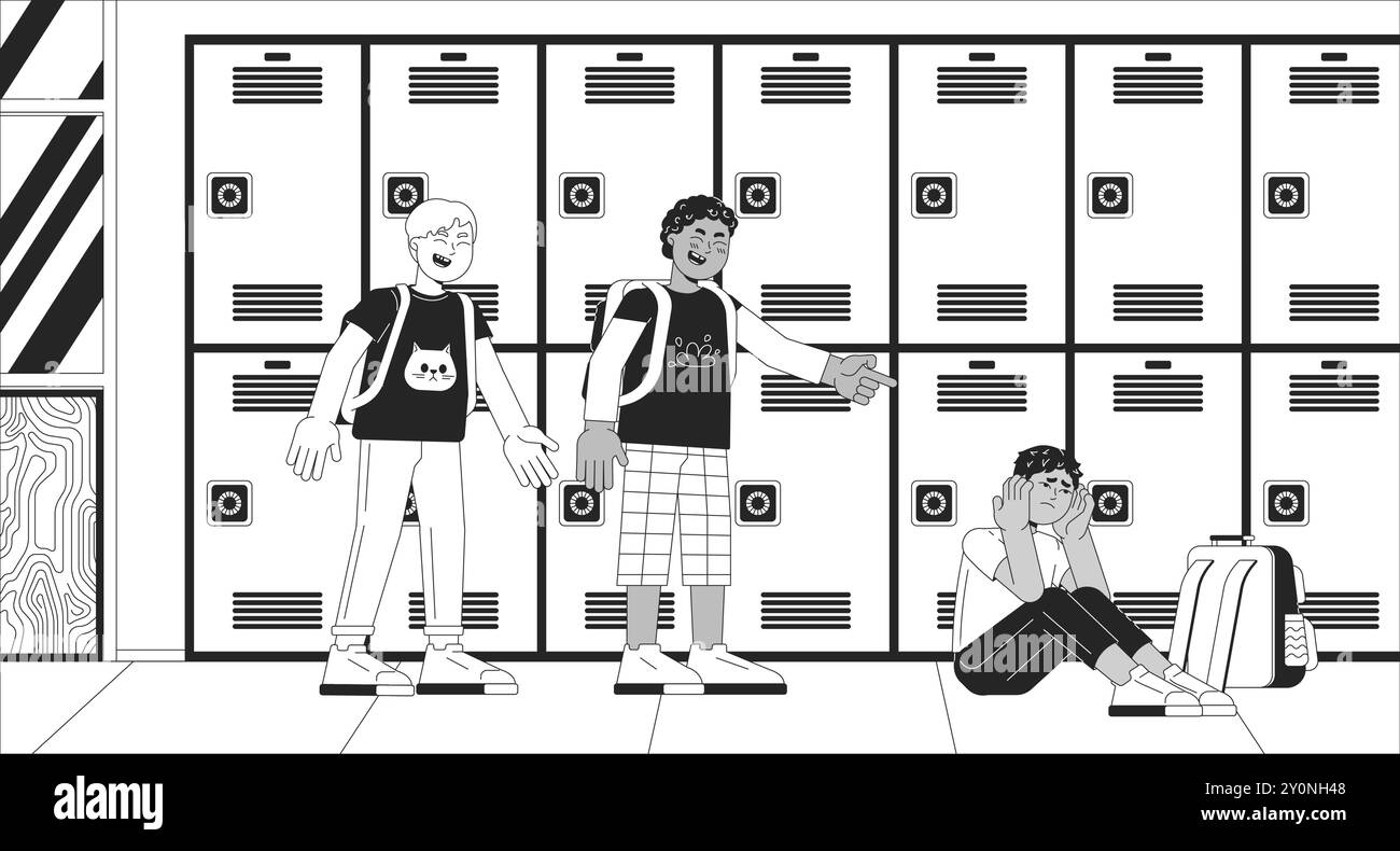 Intimidation à l'école primaire illustration de ligne noire et blanche Illustration de Vecteur