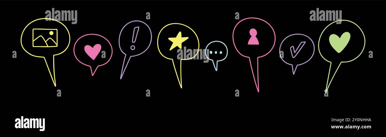 Colorée ligne mignonne Doodle Kid Dialog Bubbles. Boîte de dialogue texte enfantin à l'école. Réaction des médias sociaux, comme, suivre les symboles. Eleme dessiné à la main à l'acide néon Illustration de Vecteur