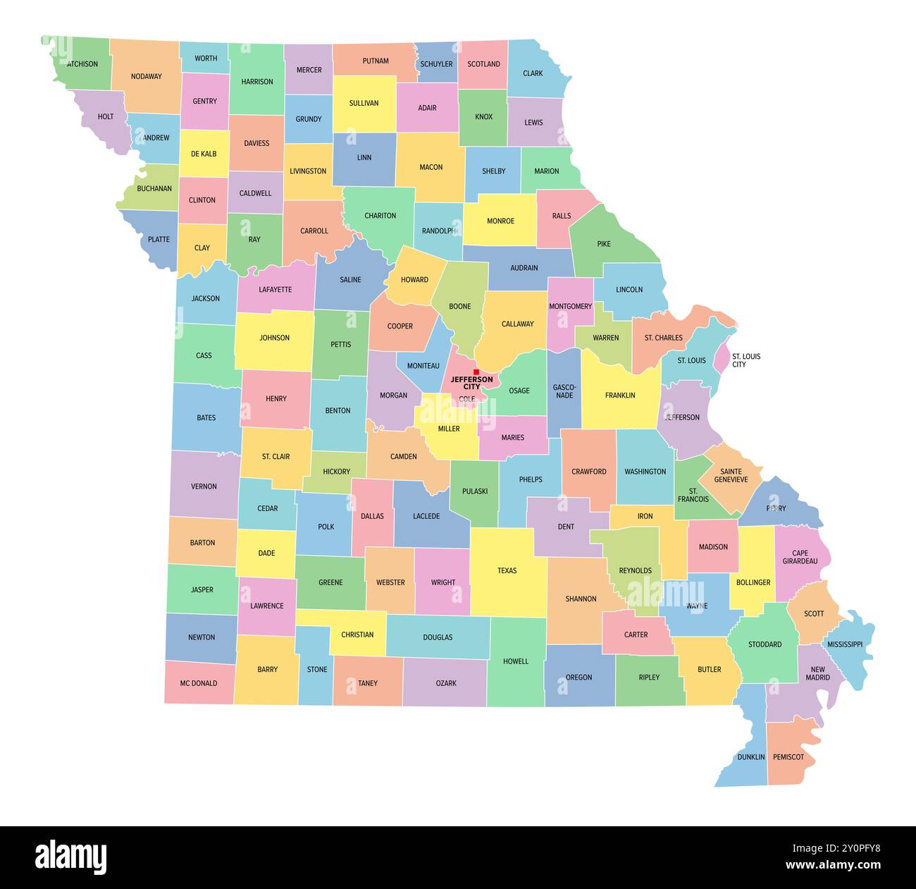Missouri, État américain, subdivisé en 114 comtés et ville indépendante disposant Louis, carte politique multicolore avec la capitale Jefferson City. Banque D'Images