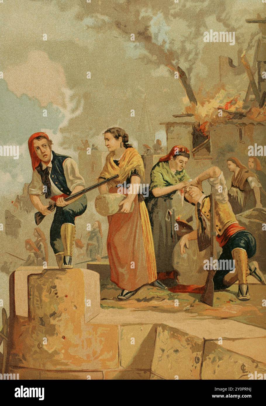 Guerre péninsulaire (1808-1814). Catalogne. Gérone a été assiégée à trois reprises par les troupes françaises. La première fois par des troupes dirigées par le général Duhesme, le 20 juin 1808, qui échoue. La seconde, du 20 juillet au 20 août 1808, lorsque les troupes de Duhesme ont dû battre en retraite lorsqu'elles ont été attaquées par une armée espagnole venue à la rescousse de la ville. La troisième a commencé en juin 1809, lorsque le général Saint-Cyr a encerclé la ville avec une armée de 18 000 soldats. Le maréchal Alvarez de Castro, commandant de la ville assiégée, décida de résister jusqu'à la fin. Ce dernier siège dura jusqu'au 10 décembre 1809, date à laquelle le Banque D'Images