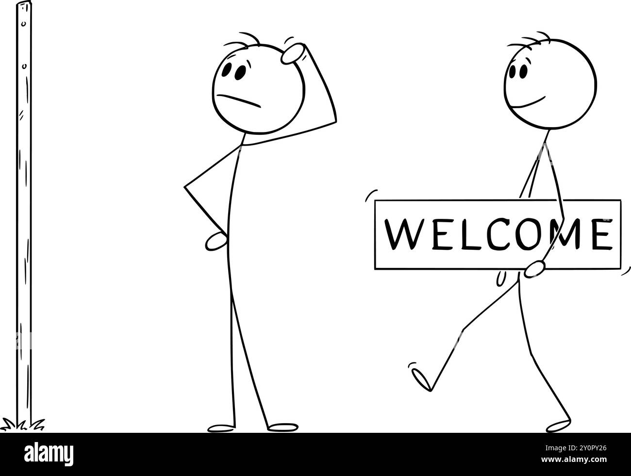 Personne, opportunité et accueil, figure de bâton de dessin animé vectoriel ou illustration de personnage. Illustration de Vecteur