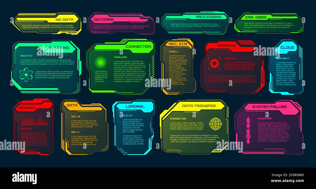 Éléments HUD ou UI futuristes. Zones de texte et légendes de l'interface utilisateur SCI-fi. Cadre de message d'avertissement coloré, modèle de boîtes d'information. Jeu moderne Illustration de Vecteur