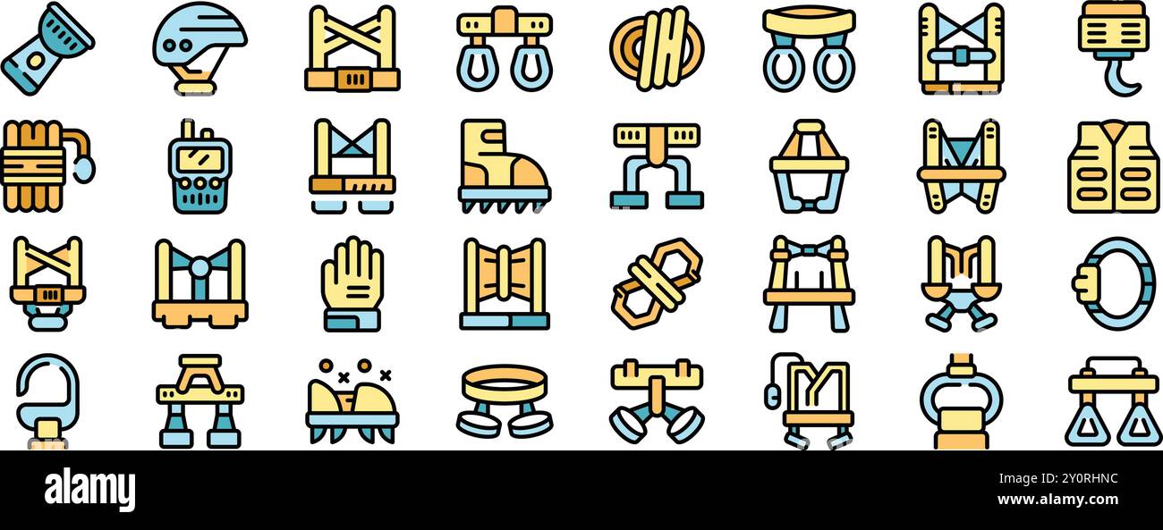 Ensemble d'icônes colorées représentant divers équipements et accessoires de sécurité utilisés dans la construction et d'autres industries pour travailler en hauteur Illustration de Vecteur