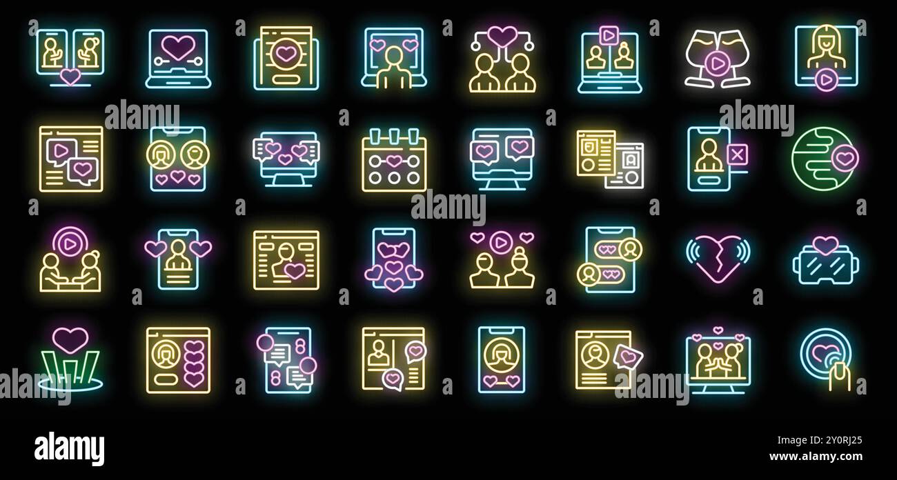 Des icônes lumineuses au néon représentant différents aspects de la datation en ligne, de la recherche de correspondances aux dates virtuelles Illustration de Vecteur