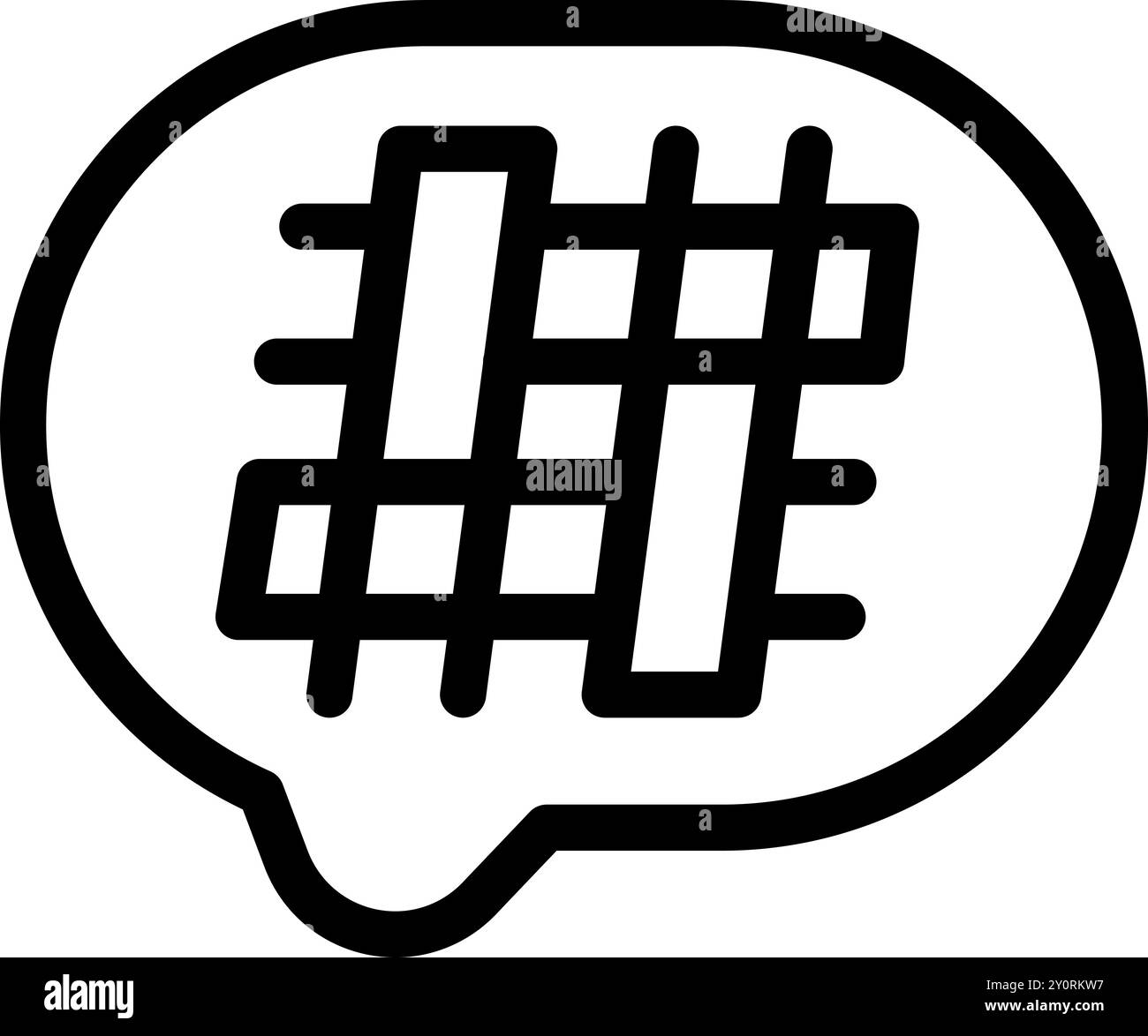 Le contour noir et gras d'un symbole de hashtag se trouve à l'intérieur d'une bulle de discours, représentant les tendances des médias sociaux et les conversations en ligne Illustration de Vecteur