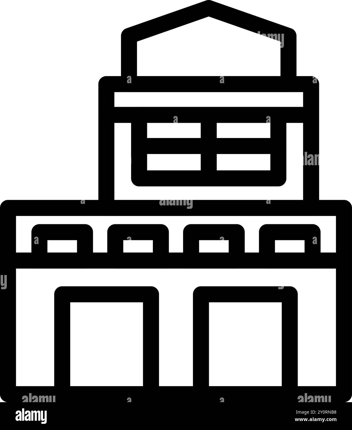 Icône de ligne simple représentant un bâtiment moderne de deux étages avec de grandes fenêtres et portes de garage Illustration de Vecteur