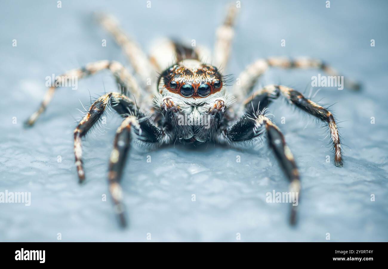 Gros plan d'une araignée sautante colorée sur sol en ciment, mise au point sélective, macro shot, Thaïlande Banque D'Images