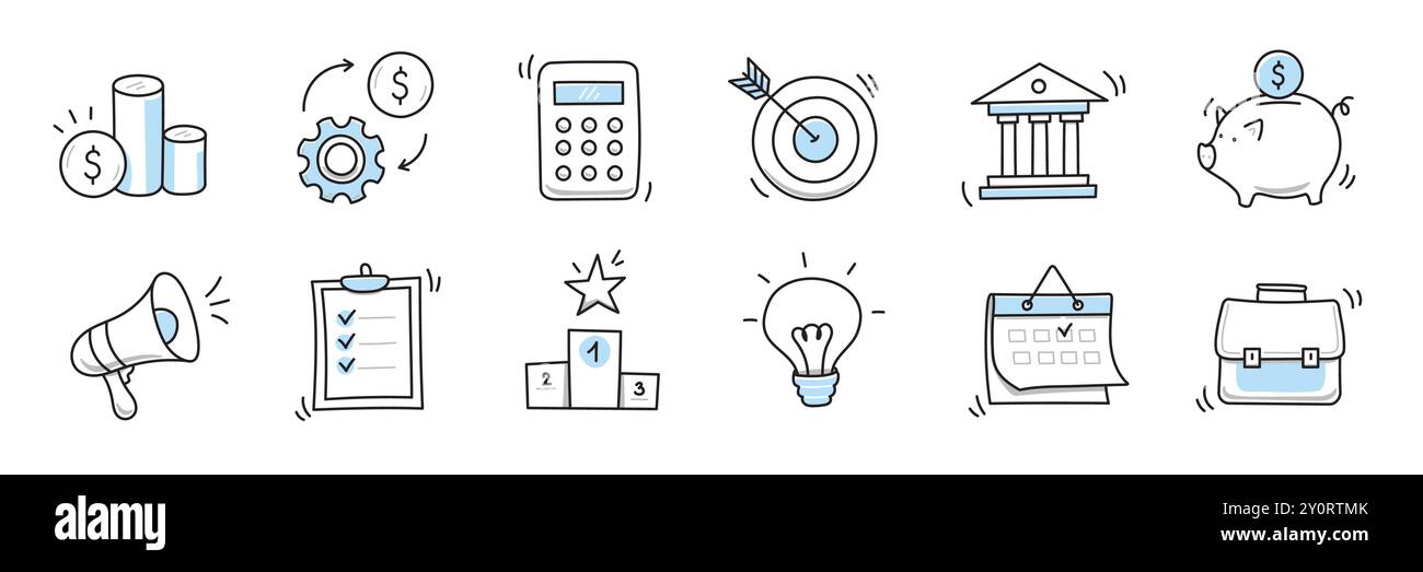 Entreprise de doodle dessinée à la main, ensemble d'icônes d'argent. Finance, argent, croquis marketing dessiné mignon ligne tendance doodle icône. Banque d'affaires, calculatrice financière, éléments d'objectif économique. Illustration vectorielle Illustration de Vecteur