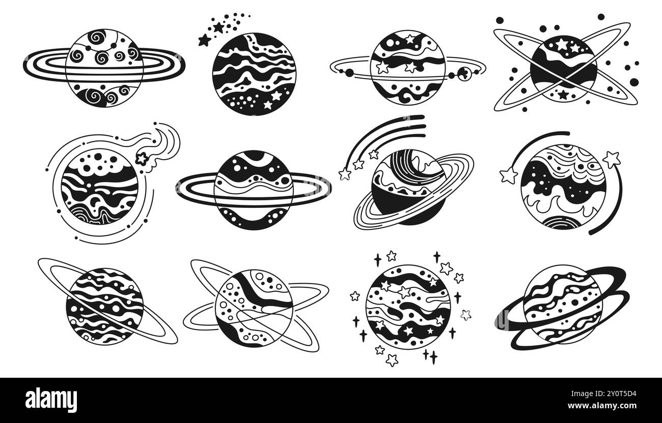 Planets fantasy doodle monochrome set pour les enfants. Les planètes de galaxie abstraites décrivent la conception de glyphes. Fantastiques cosmos Celestial space sphères planètes cosmiques parcourues Illustration isolée de conception de bande dessinée vectorielle Illustration de Vecteur