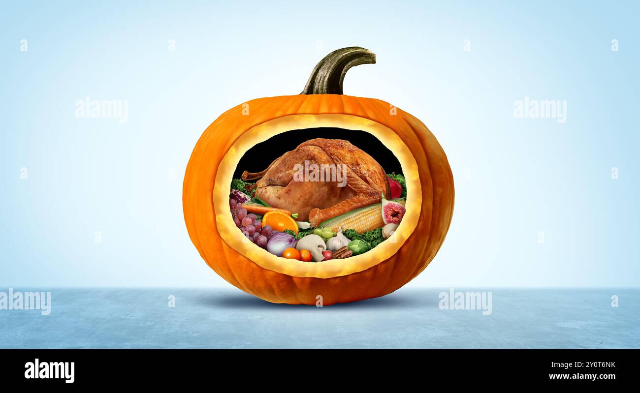 Symbole de repas de Thanksgiving drôle comme un dîner de dinde familial traditionnel à l'intérieur d'une citrouille sculptée comme une récolte agricole avec des produits frais comme Banque D'Images