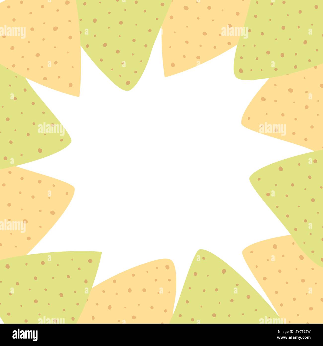 Épinards et maïs nachos mexicains cadre carré avec copyspace. Modèle d'inscription texture de fond décorative isolée. Cartes, affiches, dépliants, étiquette, bannière, promotion ou illustration vectorielle Web Illustration de Vecteur