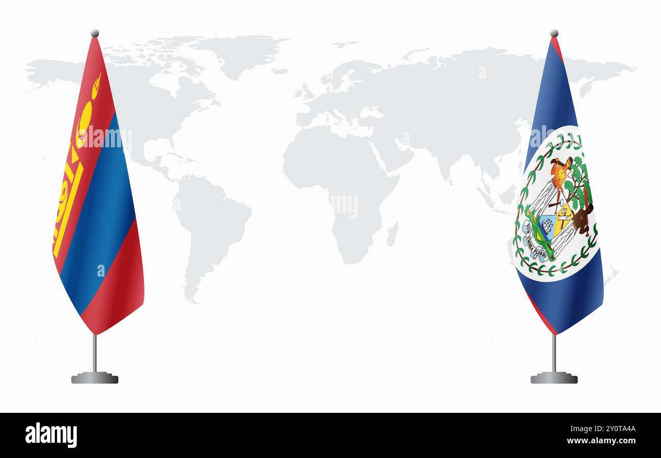 Drapeaux de Mongolie et Belize pour la réunion officielle sur fond de carte du monde. Illustration de Vecteur