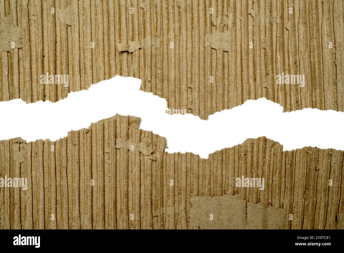 Un morceau de boîte en carton déchiré avec un fond blanc. La boîte en carton est déchirée en deux. L'image a un sentiment de désarroi et de chaos comme si quelque chose Banque D'Images