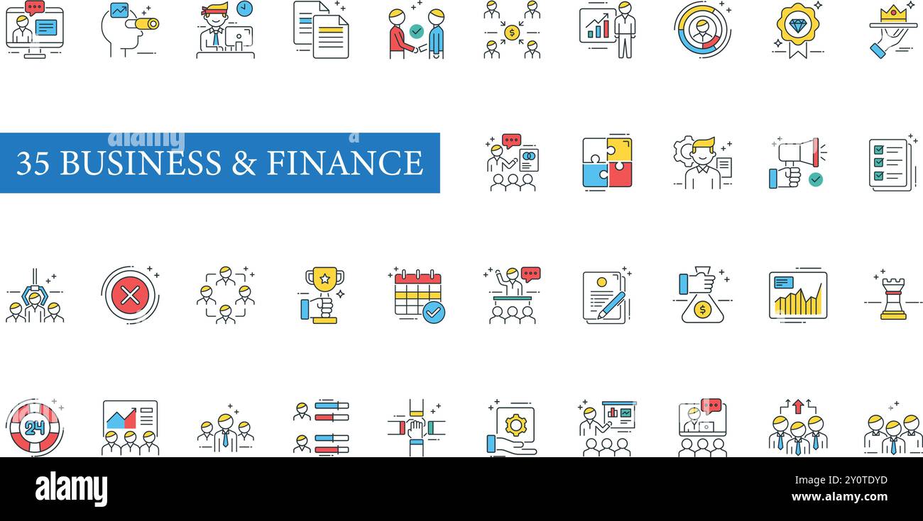 Jeu d'icônes Business et Finance. paperasse, partenariat, personnel, prime, présentation, problème, productivité, promotion, analyse, rejeté, compétence Illustration de Vecteur