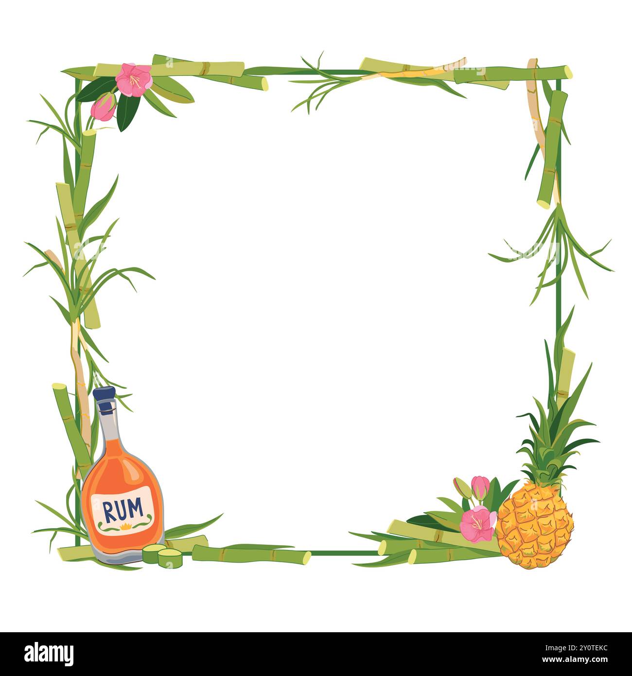 Cadre carré de vecteur avec bouteille de rhum, ananas et fleurs tropicales. Modèle pour le texte. Illustration pour le menu du bar de plage. Vacances de croisière, été holid Illustration de Vecteur