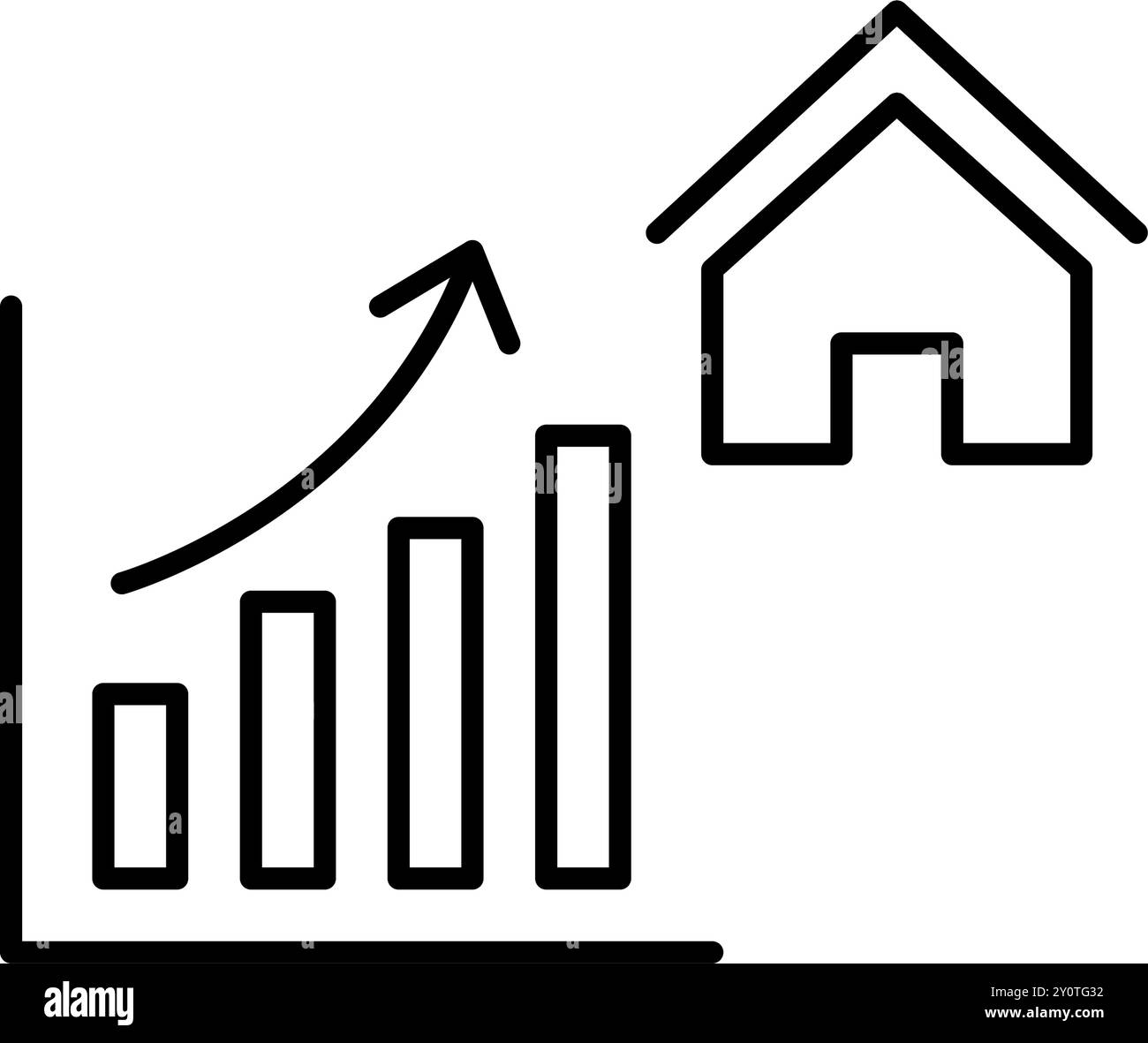 Graphique à barres avec tendance croissante et symbole de maison. Marché immobilier en hausse. Icône vectorielle Pixel Perfect Illustration de Vecteur