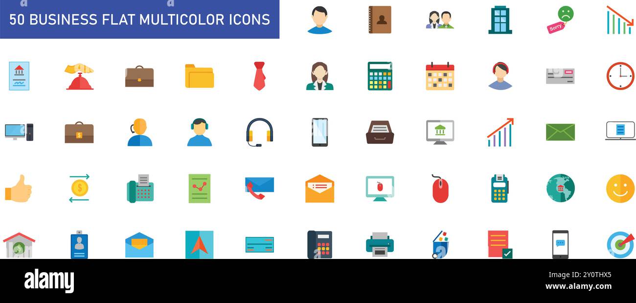 Jeu d'icônes multicolores pour l'appartement professionnel. livre, agent, crise, brouillon, affaires, mallette, calculatrice, centre d'appels, horloge, client, appareil, économie, e-mail Illustration de Vecteur