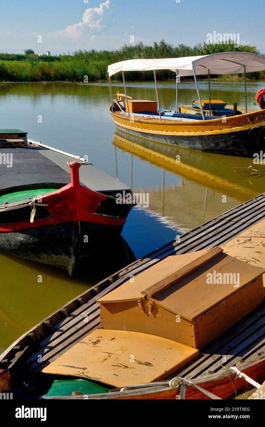 Bateaux traditionnels à El Palmar, la Albufera, Valence, Espagne, Banque D'Images