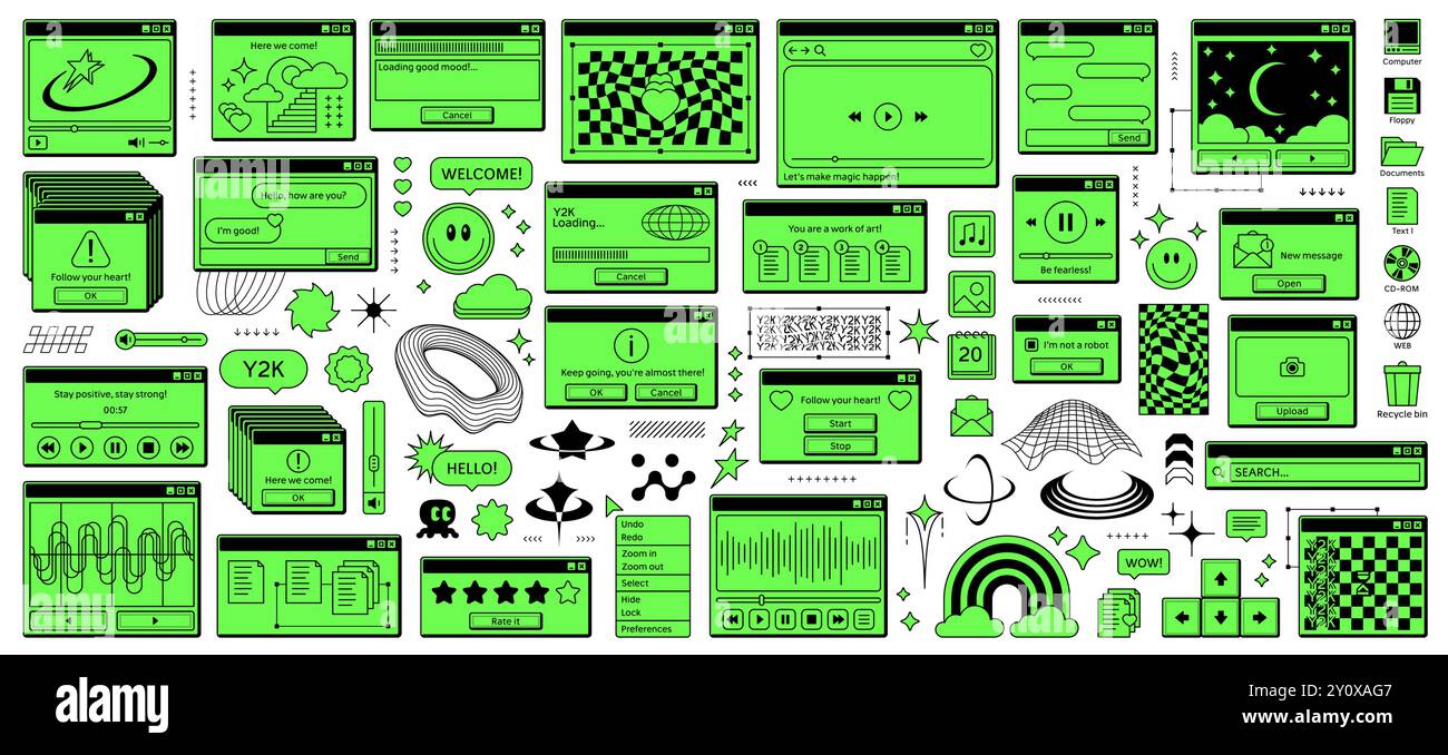 Autocollants de navigateur de fenêtre rave rétro Y2K en vert fluo vif. Vector Set comprend des icônes ludiques et des graphismes informatiques nostalgiques, des éléments de menu d'interface dans le style de la culture Internet moderne du début des années 2000 Illustration de Vecteur