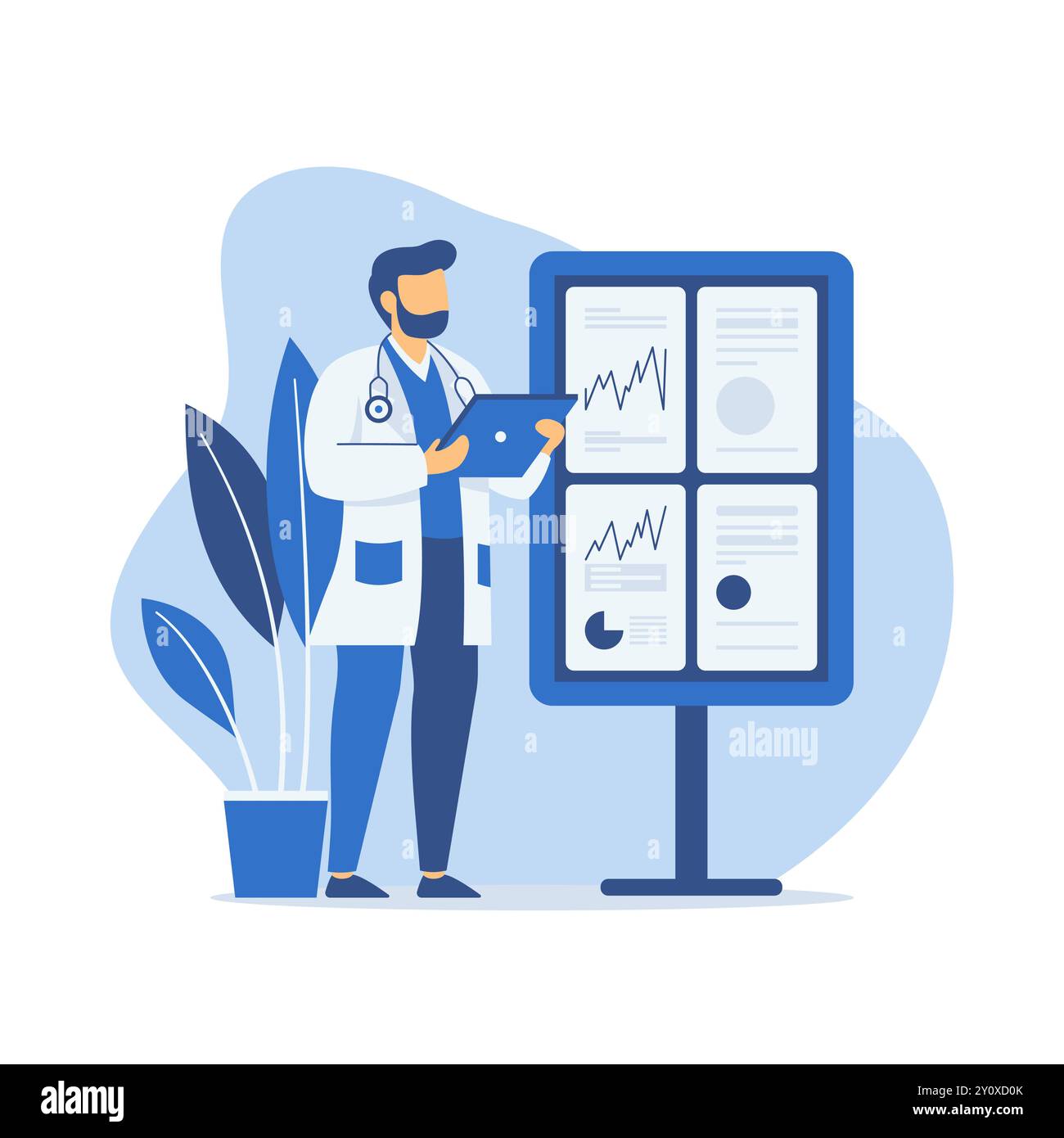 Illustration de conception plate d'un médecin masculin analysant des données avec infographie à l'écran Illustration de Vecteur