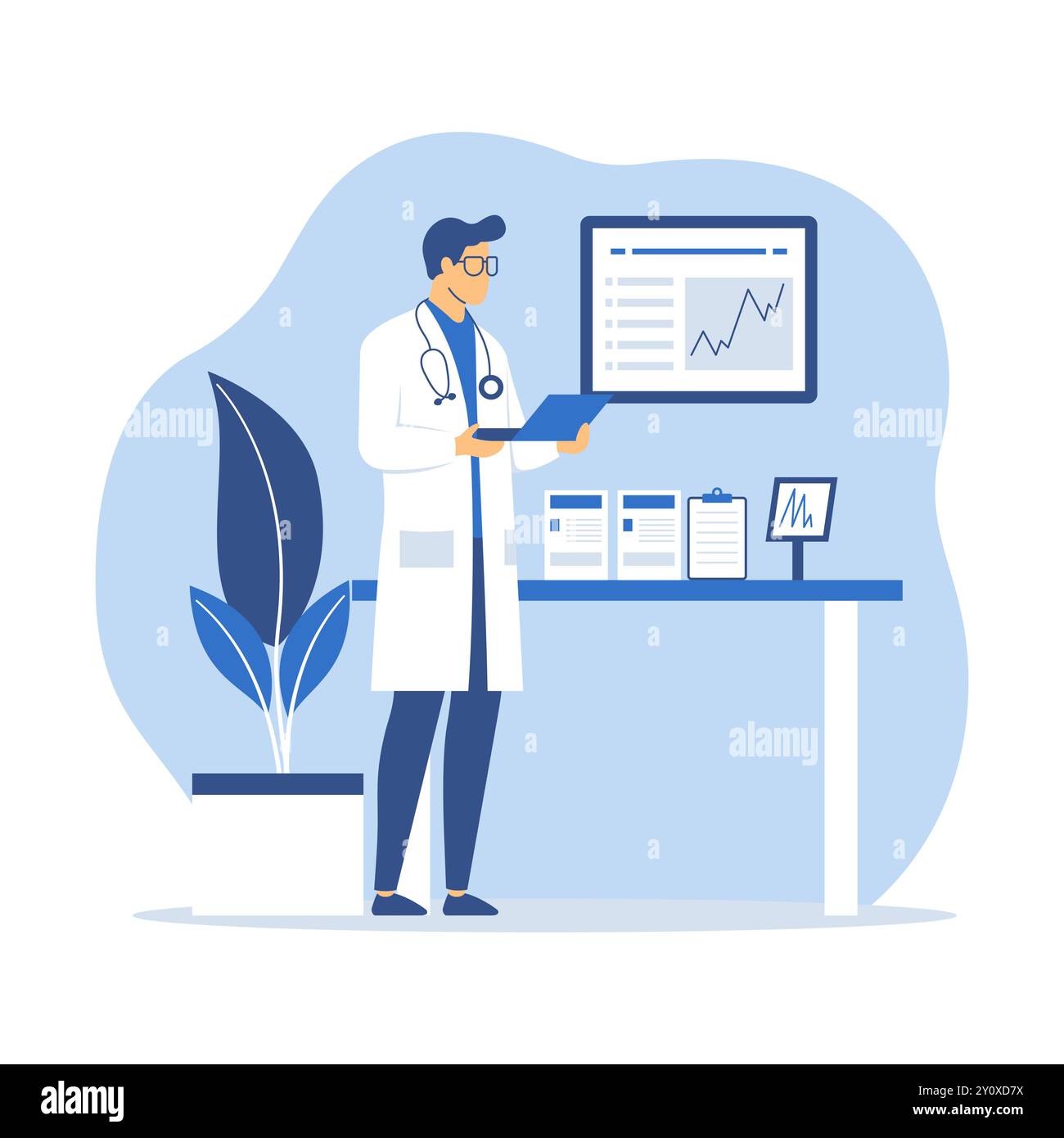Illustration de conception plate d'un médecin masculin analysant des données avec infographie à l'écran Illustration de Vecteur