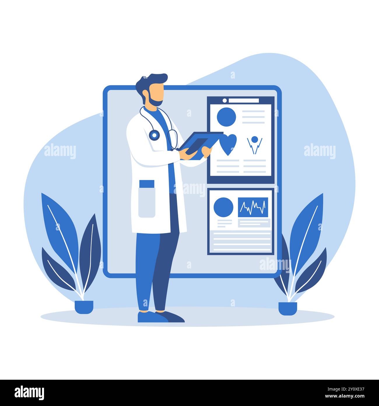 Illustration de conception plate d'un médecin masculin analysant des données avec infographie à l'écran Illustration de Vecteur