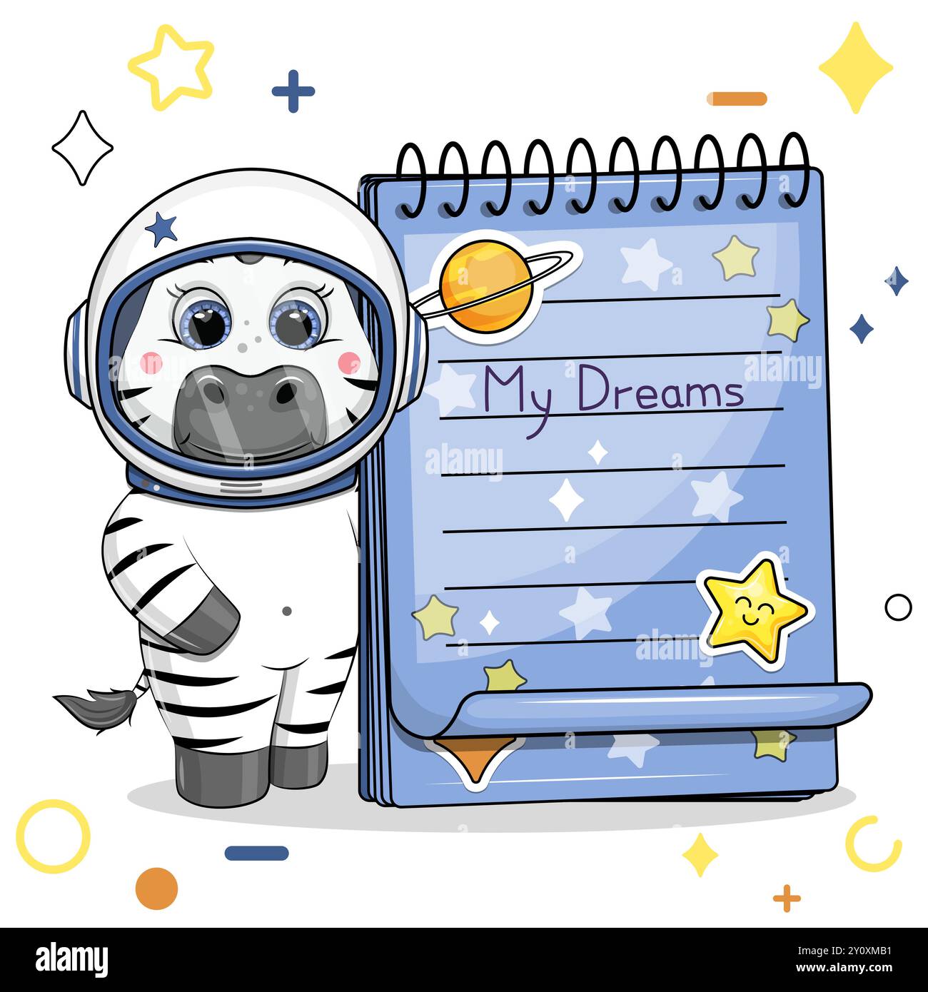 Un astronaute zèbre de dessin animé mignon avec un carnet bleu avec des autocollants. Illustration vectorielle d'un animal sur un fond blanc avec des étoiles, des cercles. Illustration de Vecteur