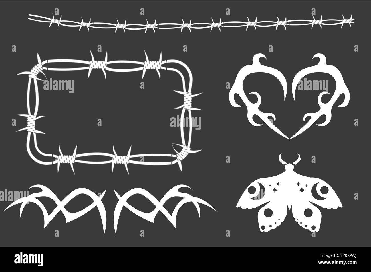 Cadres torsadés de jeu de fils barbelés y2k, tatouage de frontières, cadre en acier texturé gothique, barrière ovale épi, silhouette blanche isolée sur fond sombre. Illustration vectorielle Illustration de Vecteur