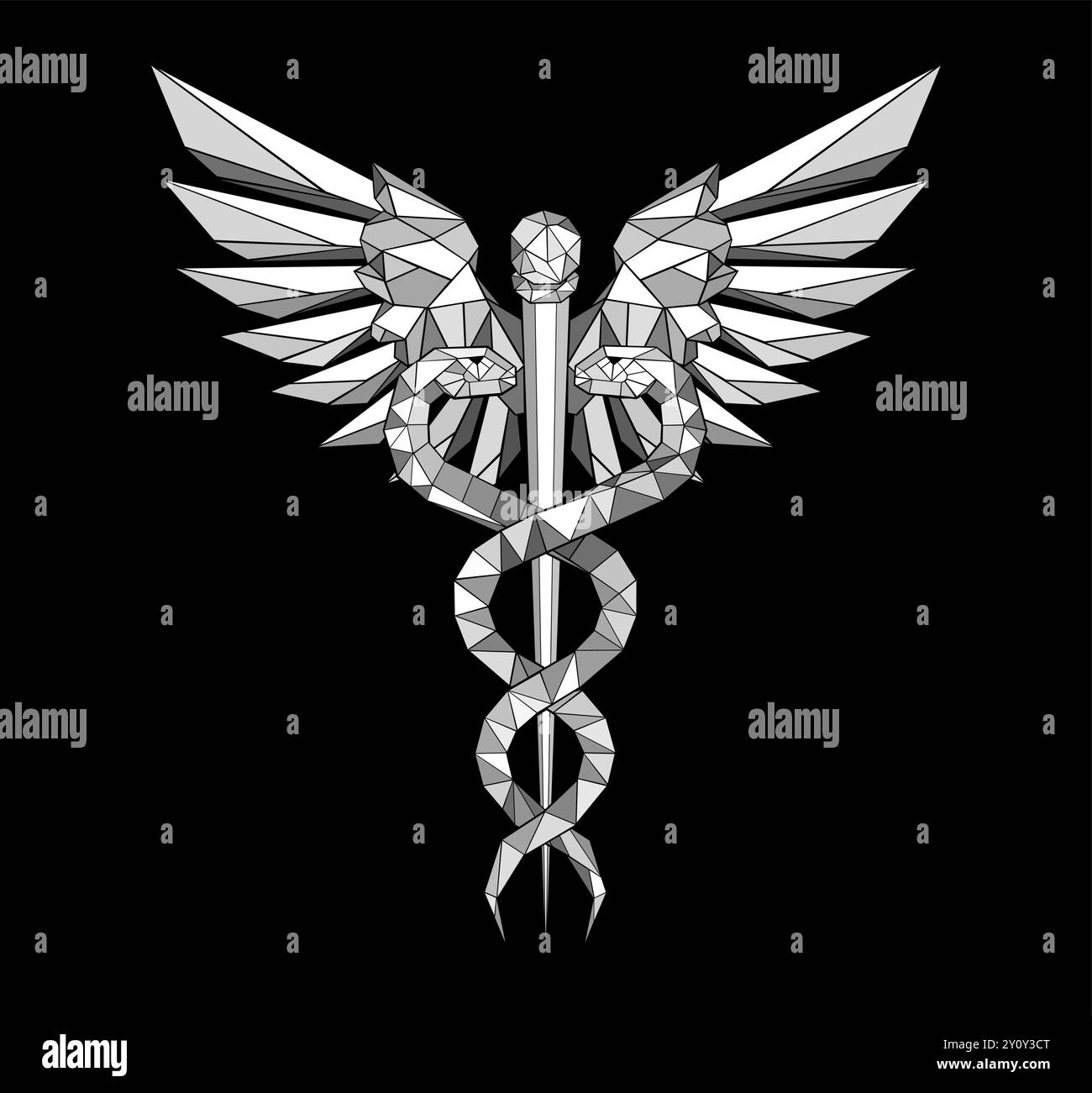 Polygonal, gris, monochrome, dessin artistique caducée symbole avec deux serpents sur fond noir. Symbole de médicament. Illustration de Vecteur