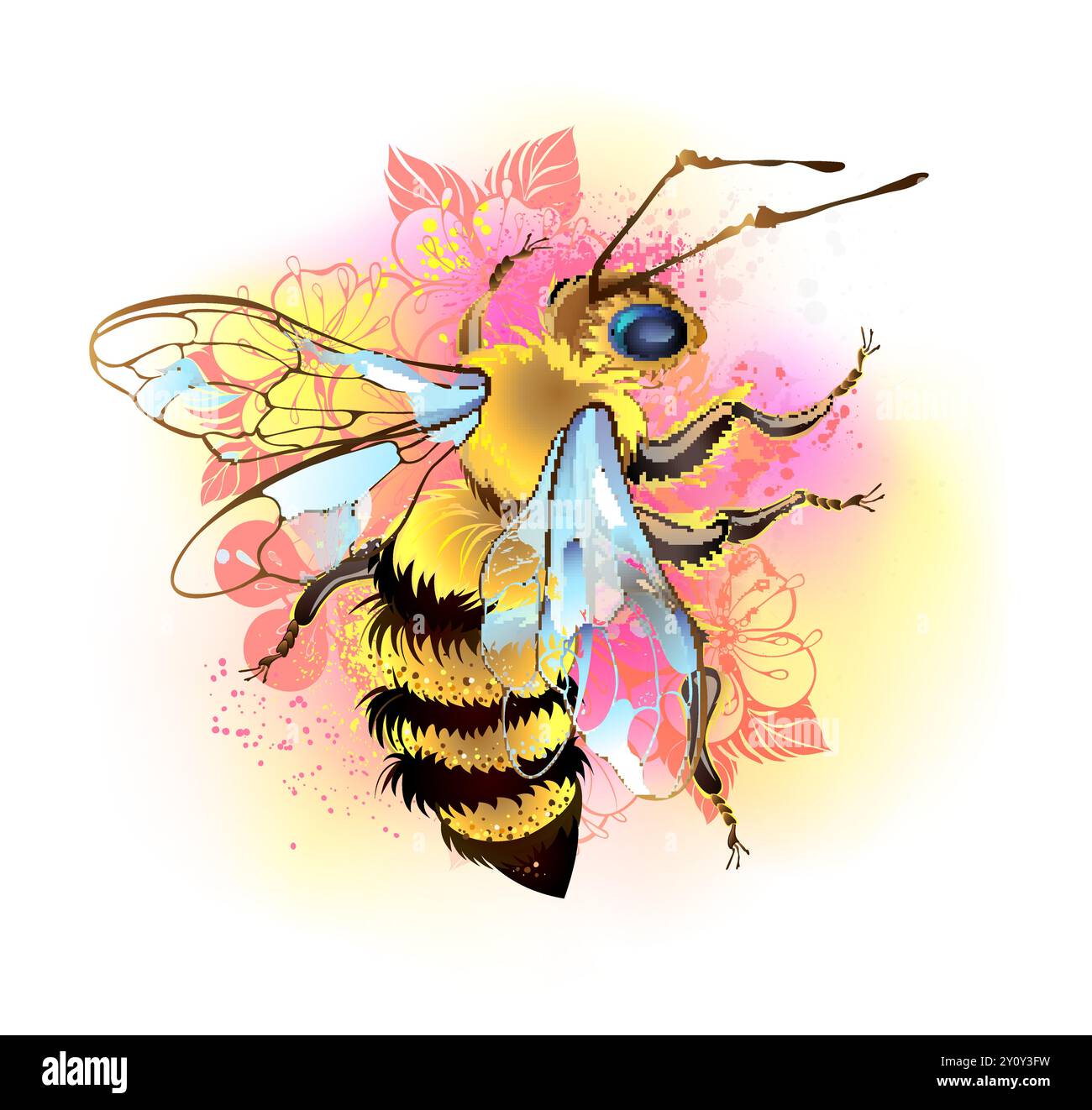Artistiquement dessiné, lumineux, moelleux, rayé, abeille miel en été, fond blanc avec des fleurs roses et du pollen jaune. Illustration de Vecteur