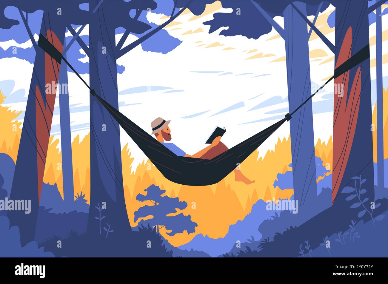 Homme se relaxant dans le livre de lecture d'hamac dans la forêt scène extérieure paisible avec des arbres et le paysage coloré de feuillage Illustration de Vecteur