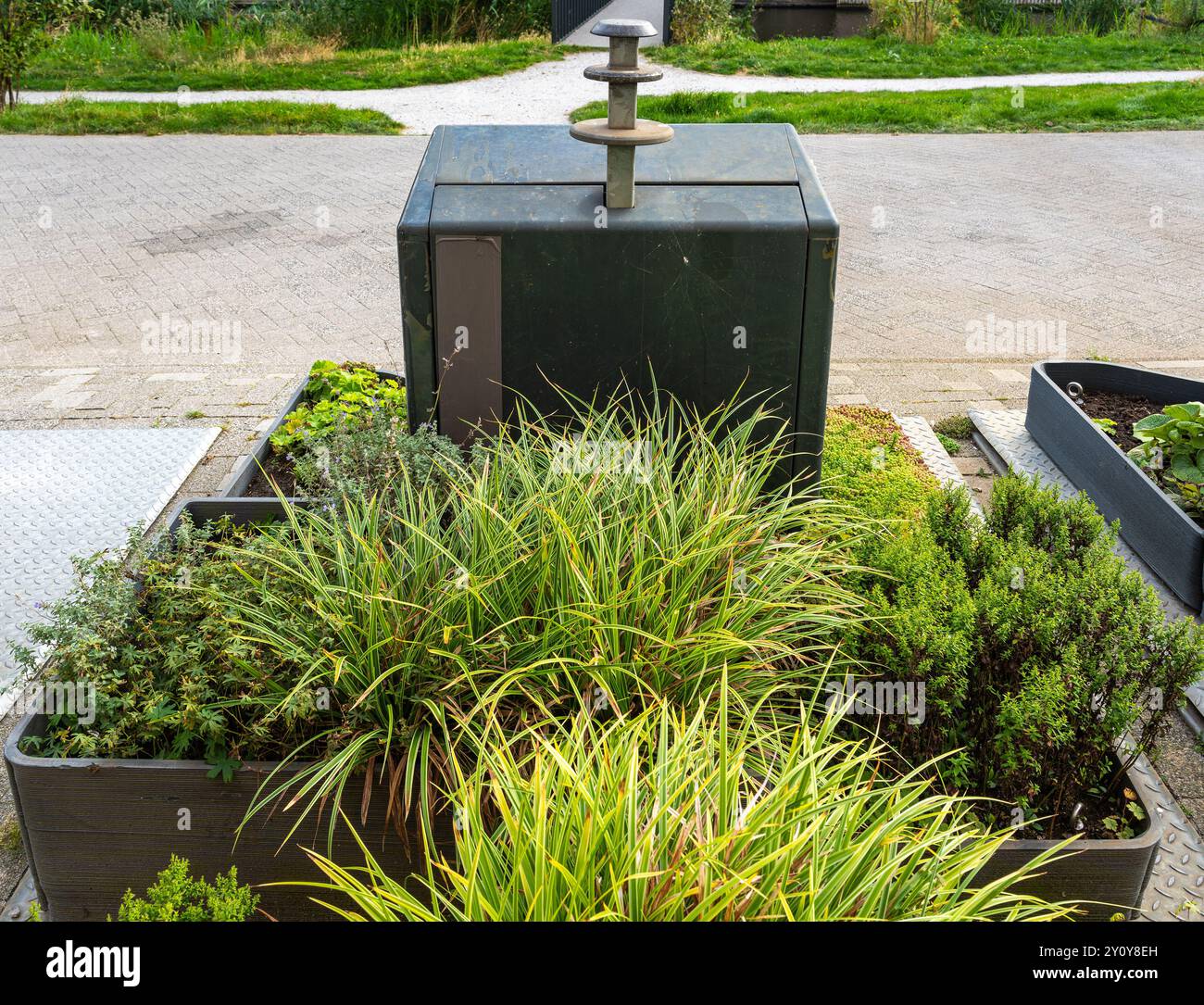 Conteneurs à ordures avec système de stockage souterrain dans la rue entouré de plantes pour rendre les villes plus vertes, système moderne d'élimination des ordures Banque D'Images