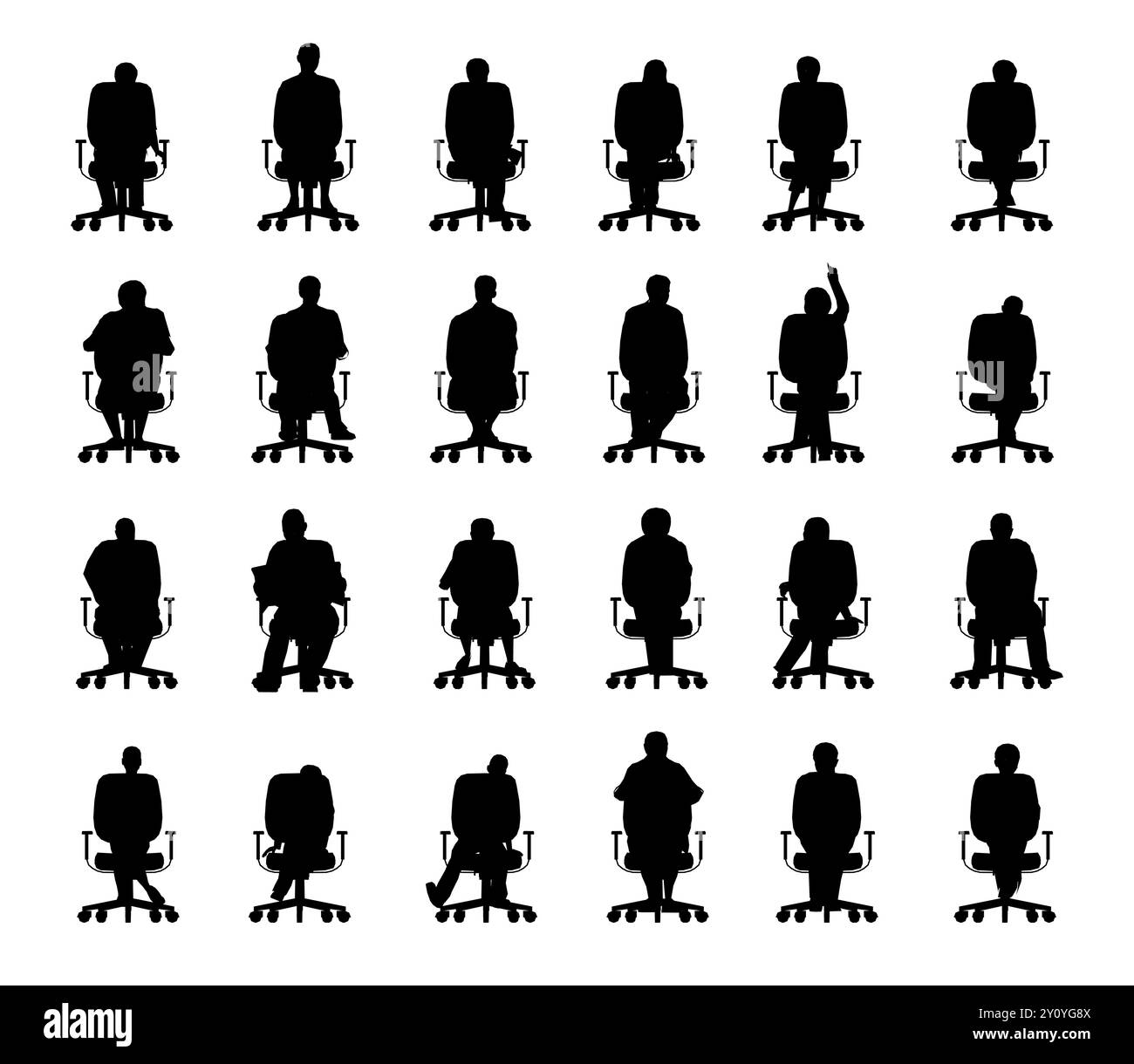 Ensemble avec la silhouette de personnes assises dans des chaises dans différentes positions isolées sur fond blanc. Hommes, femmes et enfants assis dans des chaises. Avant Illustration de Vecteur