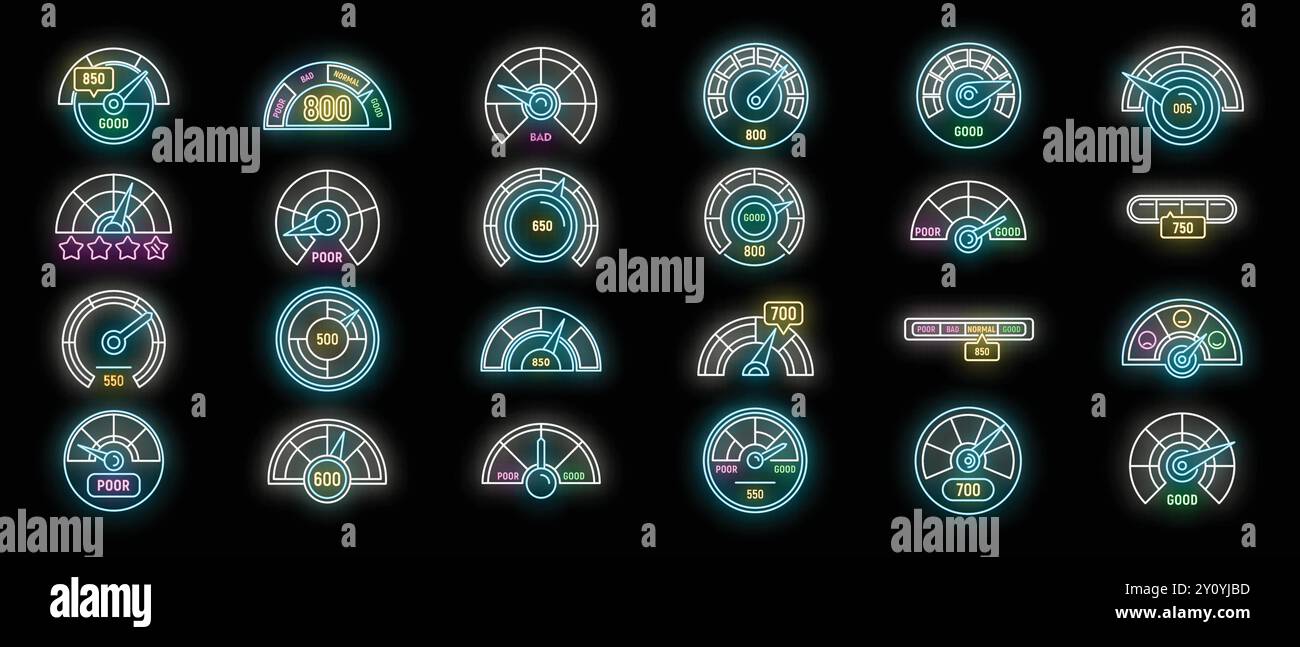 Ensemble d'icônes colorées de jauge de pointage de crédit lumineux néon sur fond noir, montrant l'état financier Illustration de Vecteur