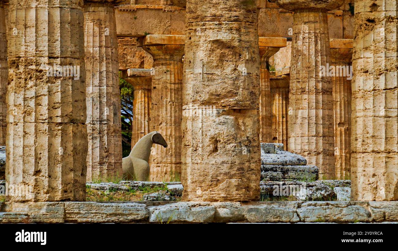 Images et photographies en couleur la magnificence des temples et des fouilles archéologiques de l'ancienne ville grecque de Paestum, Italie, Campanie, vente Banque D'Images