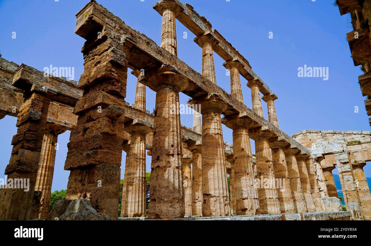 Images et photographies en couleur la magnificence des temples et des fouilles archéologiques de l'ancienne ville grecque de Paestum, Italie, Campanie, vente Banque D'Images
