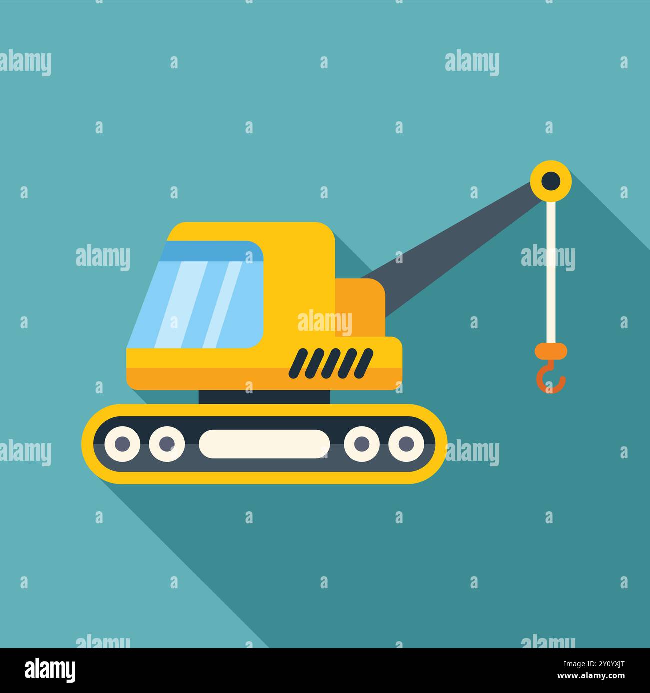 Illustration vectorielle minimaliste d'une grue sur chenilles jaune soulevant avec son crochet, sur un fond turquoise avec une longue ombre Illustration de Vecteur
