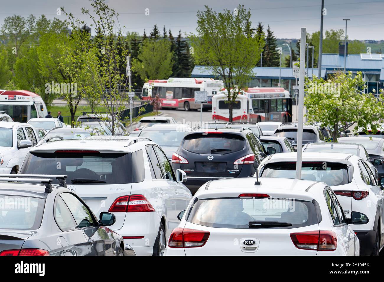 Calgary Alberta Canada, 21 juin 2024 : stationnement et stationnement où les navetteurs transfèrent les autobus et le transport ferroviaire à la gare Dalhousie pendant une journée de travail Banque D'Images