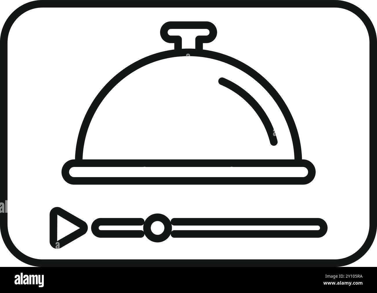 Icône de ligne simple d'une cloche placée sur une barre de lecture vidéo, symbolisant une application de livraison de nourriture en ligne Illustration de Vecteur