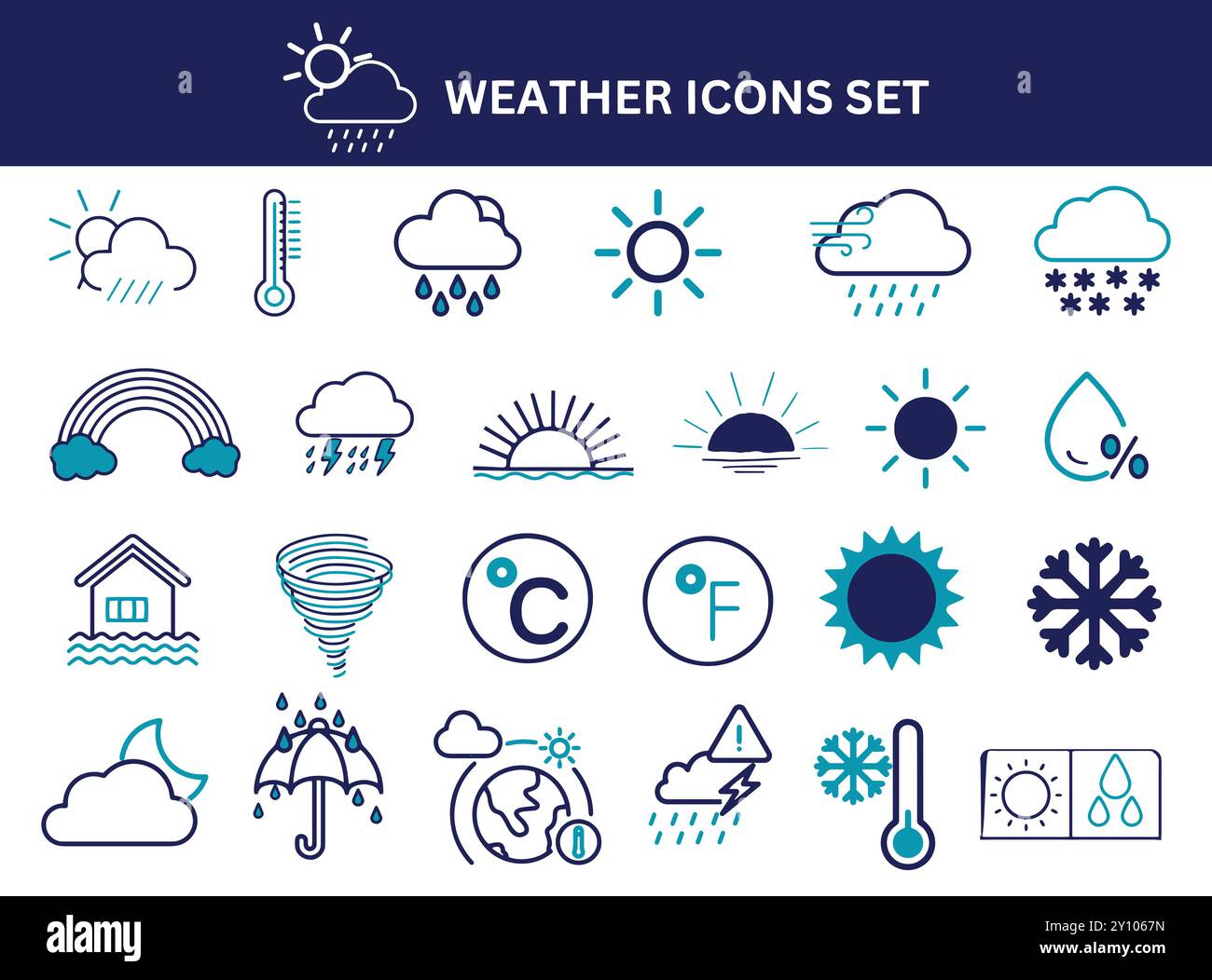 Icône météo définie modifiable. lever du soleil, pluie, vent, neige, nuage, arc-en-ciel, humidité, hiver, printemps, illustration vectorielle. Illustration de Vecteur