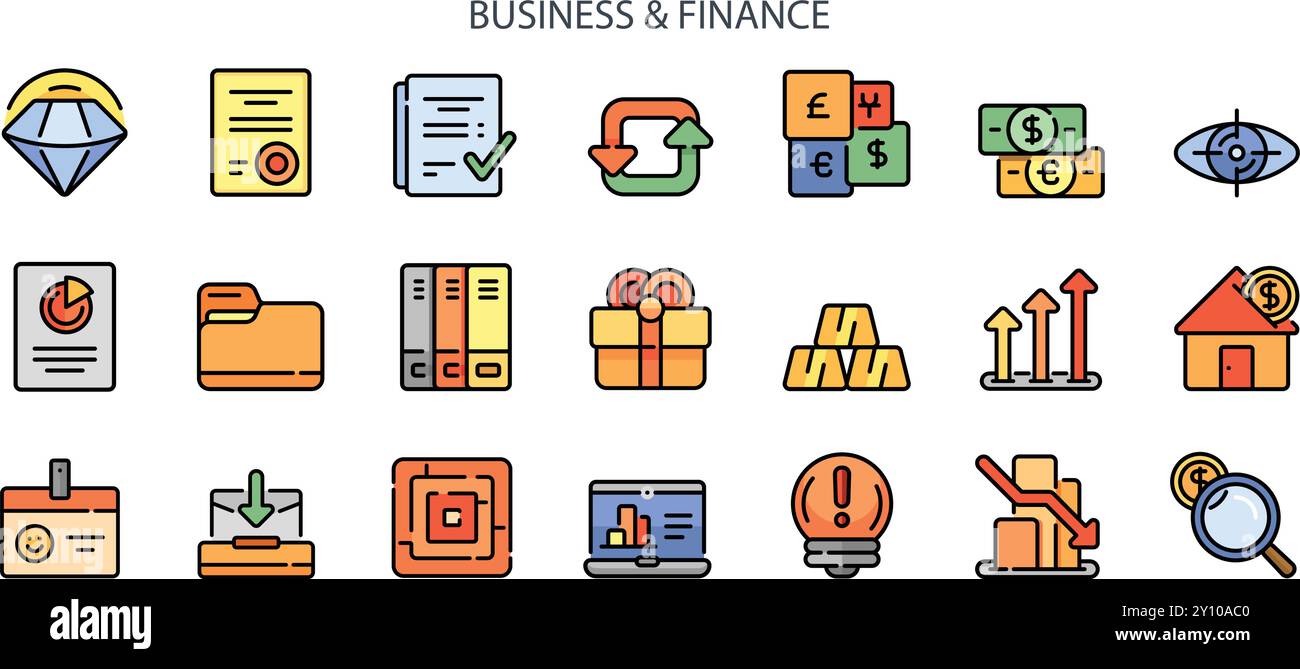Jeu d'icônes Business et Finance. Dimond, échange, document, fichier, dossier, oeil, cadeau, or, croissance, maison, boîte de réception, ampoule, ordinateur portable, loupe Illustration de Vecteur