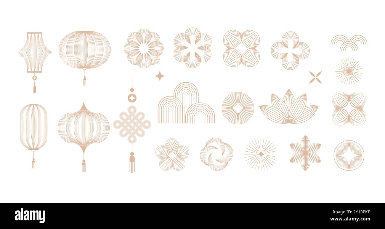 Icônes, symboles et décorations du nouvel an chinois. Design linéaire abstrait, illustrations. Lanternes d'art au trait, fleurs, nuages et cadres. Collection de Illustration de Vecteur