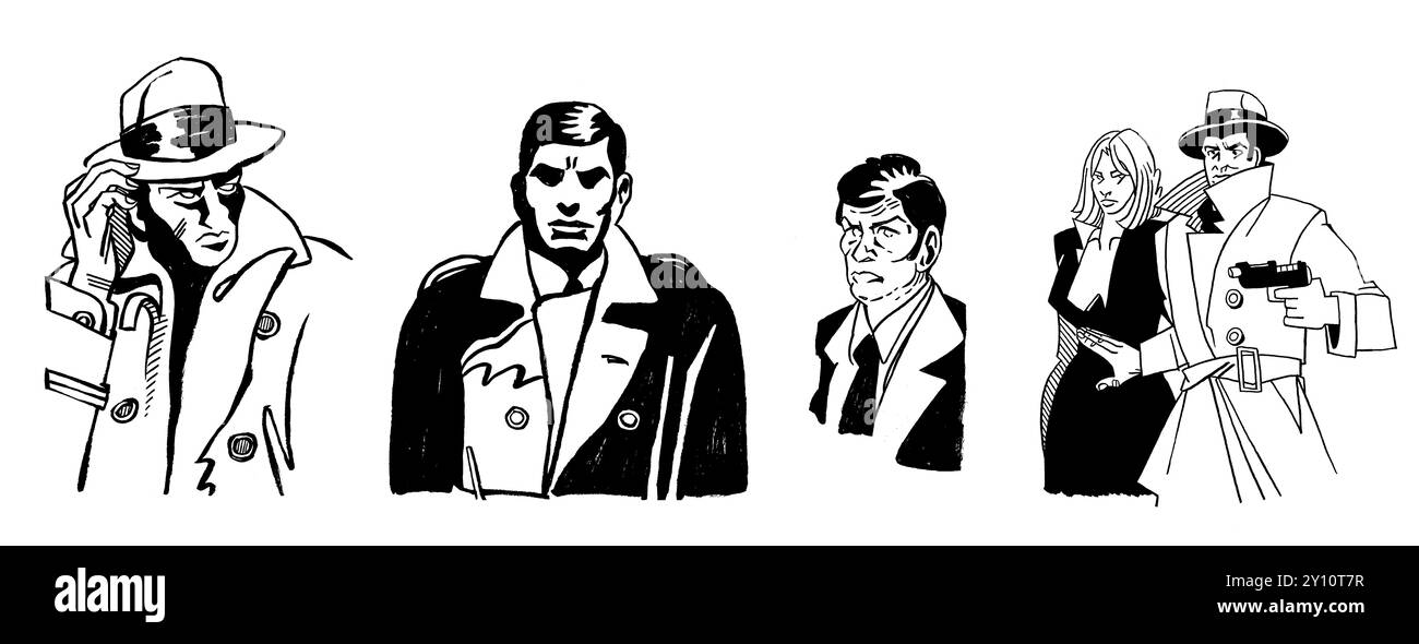 Ensemble d'illustration de policier détective personnage de cinéma français des années 1970 inspiré. Caractère de contour noir dessiné à la main. Banque D'Images