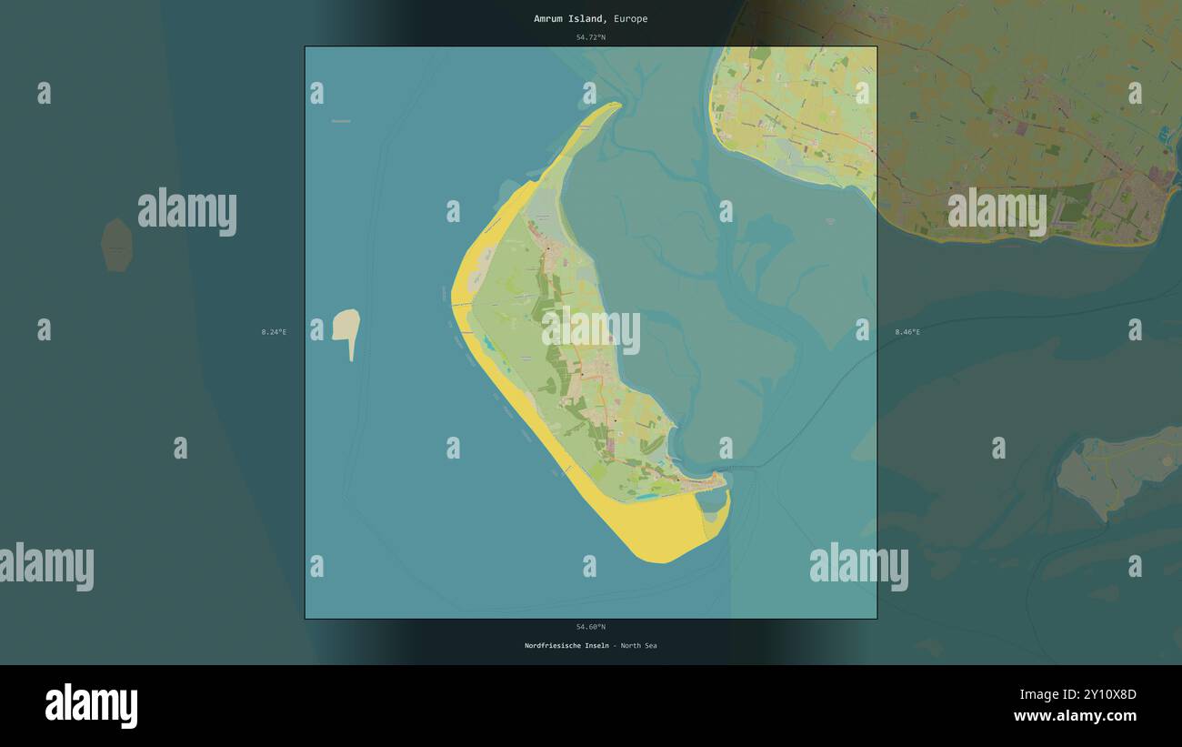 L'île d'Amrum en mer du Nord, appartenant à l'Allemagne, décrite et mise en évidence sur une carte topographique de style humanitaire OSM Banque D'Images