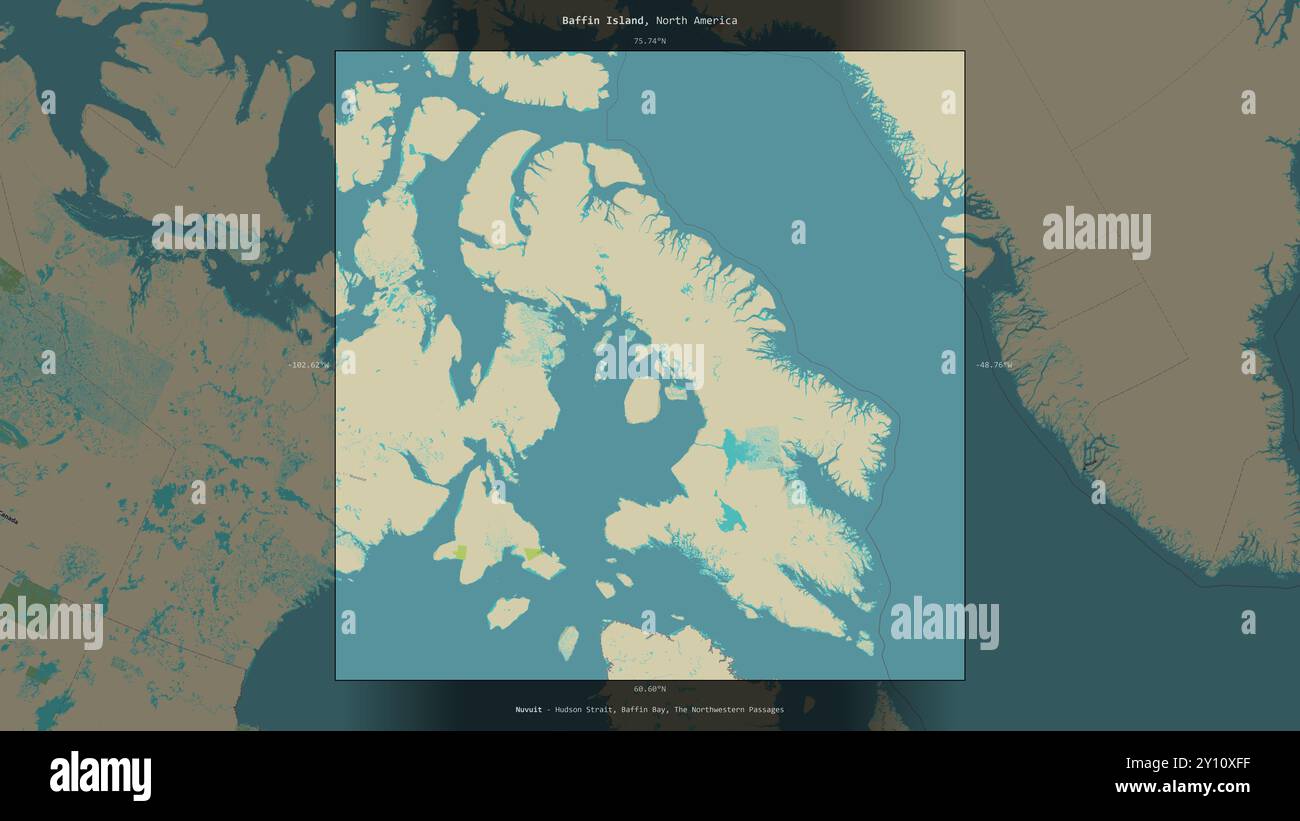 Île de Baffin dans la baie de Baffin, appartenant au Canada, décrite et mise en évidence sur une carte topographique de style humanitaire OSM Banque D'Images