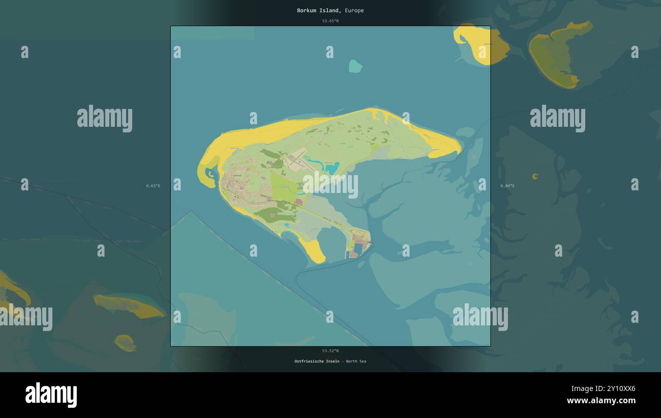 L'île de Borkum en mer du Nord, appartenant à l'Allemagne, décrite et mise en évidence sur une carte topographique de style humanitaire OSM Banque D'Images
