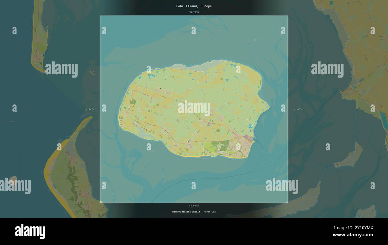 L'île Fohr en mer du Nord, appartenant à l'Allemagne, décrite et mise en évidence sur une carte topographique de style humanitaire OSM Banque D'Images