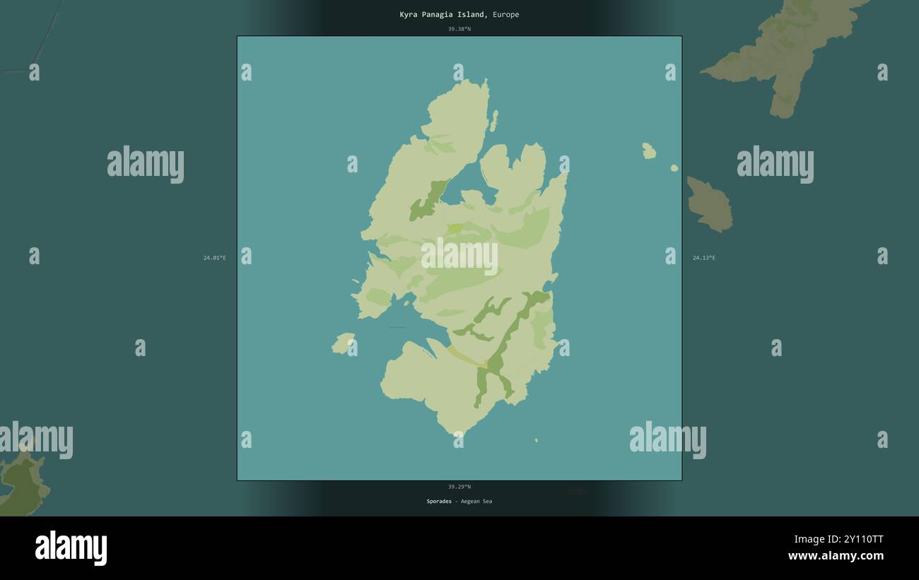 Kyra Panagia île dans la mer Égée, appartenant à la Grèce, décrite et mise en évidence sur une carte topographique de style humanitaire OSM Banque D'Images