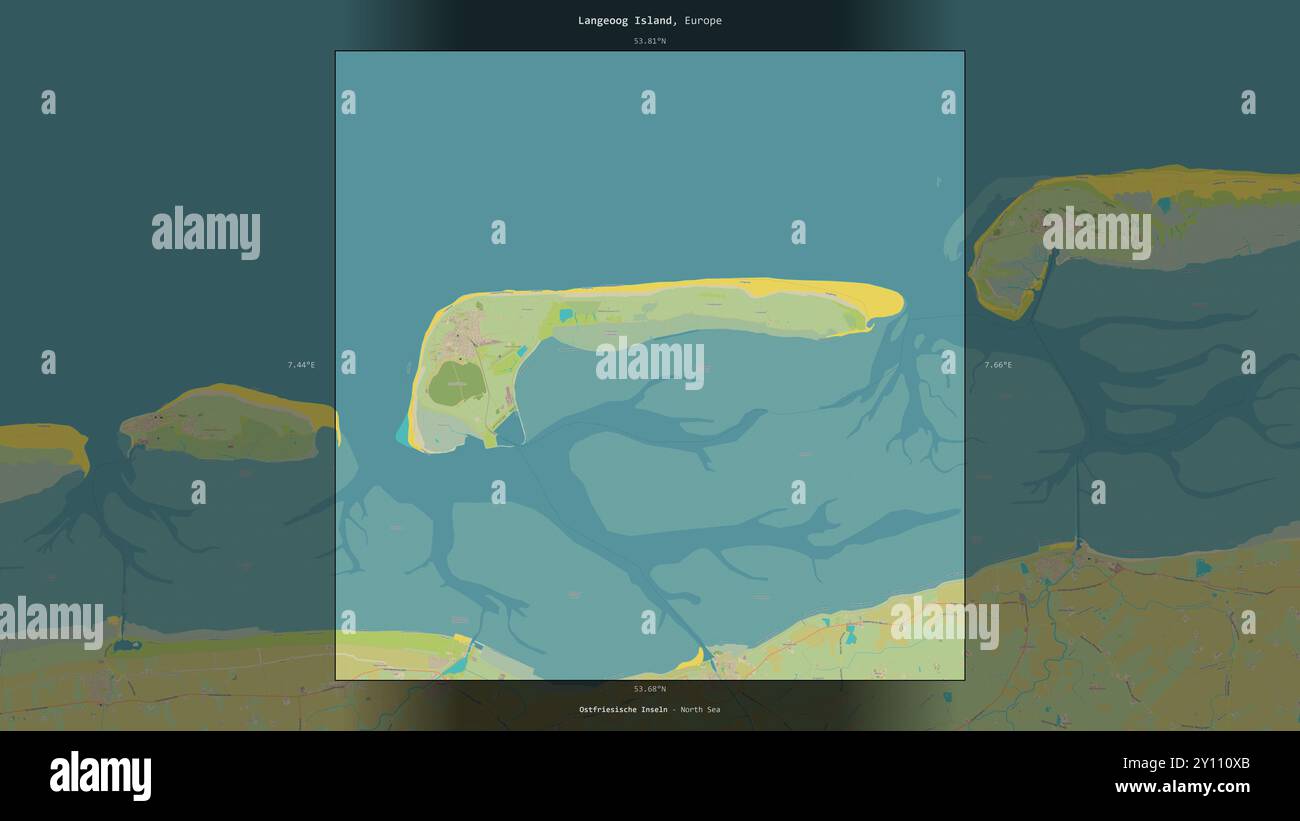 L'île Langeoog en mer du Nord, appartenant à l'Allemagne, décrite et mise en évidence sur une carte topographique de style humanitaire OSM Banque D'Images